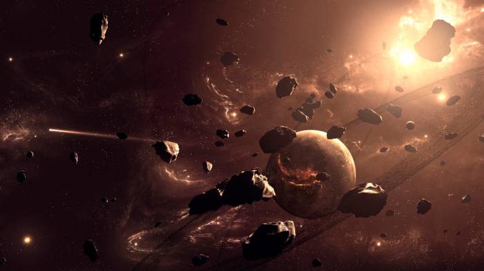 Широкоформатные обои Планета и астероиды, Планета и астероиды в космосе