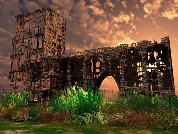 Широкоформатные обои Старинный замок, Разрушенный старый замок в 3D