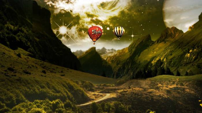 Широкоформатные обои Красивые воздушные шары, Воздушные шары в горах