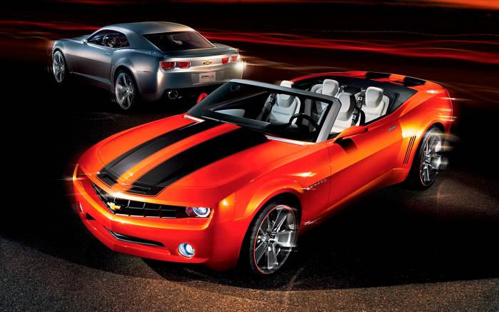 Широкоформатные обои Два Camaro, Два автомобиля Камаро (Camaro Convertible и Concept)