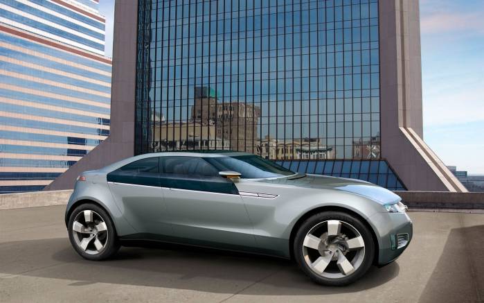 Широкоформатные обои Небоскреб и Chevrolet Volt Concept, Небоскреб и Шевроле Вольт (Chevrolet Volt Concept)