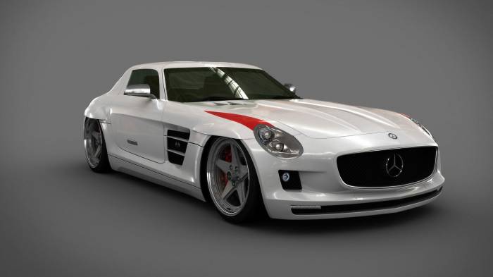 Широкоформатные обои Белый Mercedes benz sls panamericana, Белый Mercedes benz sls panamericana на сером фоне