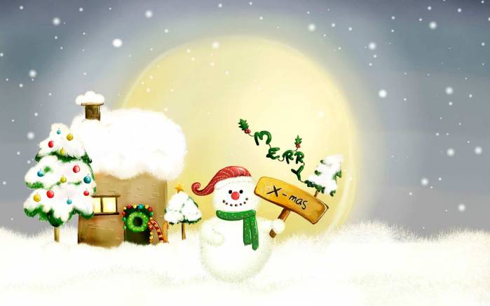 Широкоформатные обои Снеговик с табличкой, Снеговик у домика