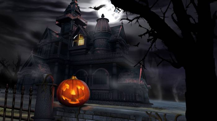 Широкоформатные обои Страшный замок, Страшный замок в ночь хеллоуина