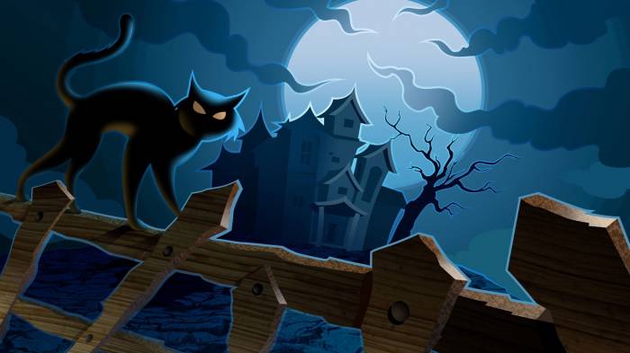 Широкоформатные обои Страшный кот, Кот в ночь хеллоуина