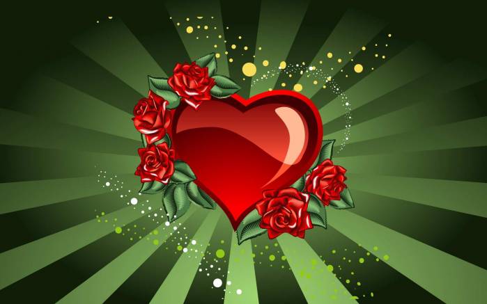Широкоформатные обои Красное сердце, Красное сердце на зеленом фоне