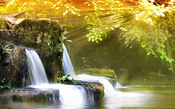 Широкоформатные обои Лесной водопад, Водопад в лесу