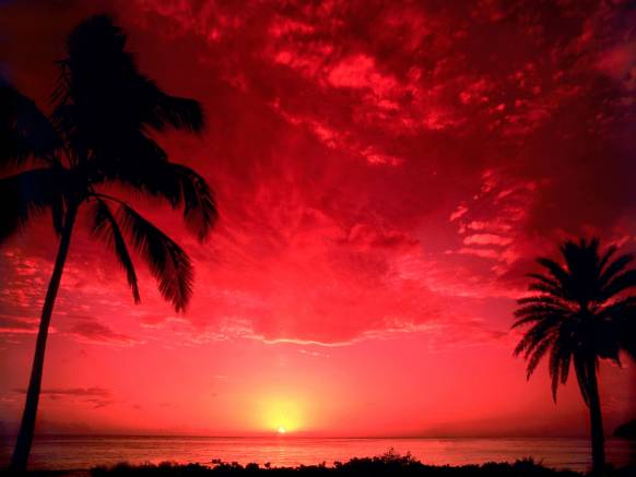 Широкоформатные обои Красный закат, Красный закат солнца на море
