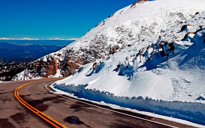 Широкоформатные обои Зимняя высокогорная дорога, Дорога среди гор зимой