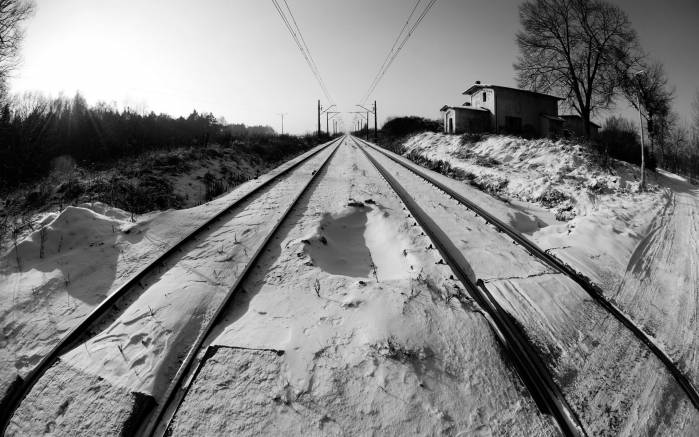 Широкоформатные обои Снежные рельсы, Заснеженная железная дорога