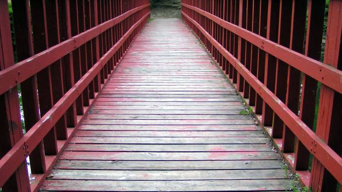 Широкоформатные обои Красный мост, Дорога в лес