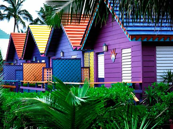Широкоформатные обои Разноцветные домики, Разноцветные домики, утопающие в зелени