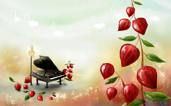 Широкоформатные обои Рояль и цветы, Черный рояль и красные цветы