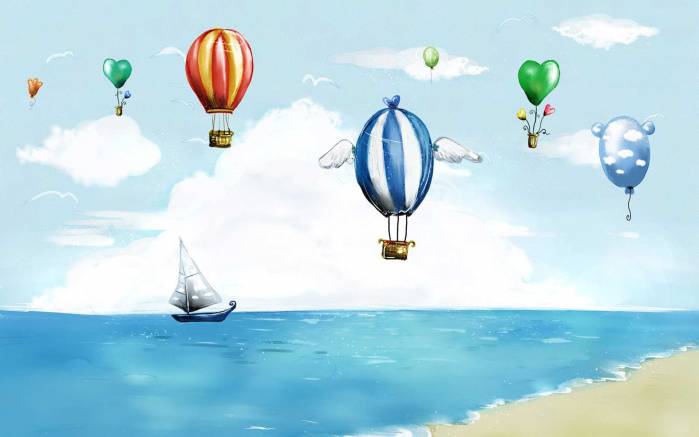 Широкоформатные обои Воздушные шары над водой, Лодка и воздушные шары