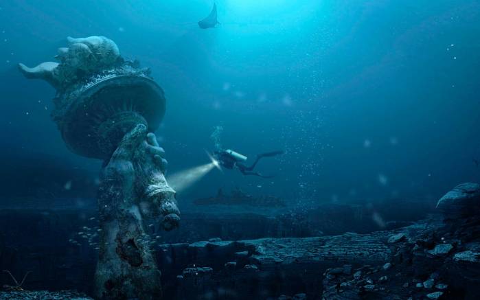 Широкоформатные обои Статуя в воде, Статуя свободы под водой