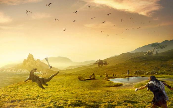 Широкоформатные обои Доисторическая игра, Доисторическая игра с динозавром