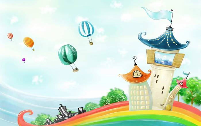 Широкоформатные обои Замок и воздушный шары, Замок на радуге