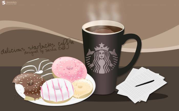 Широкоформатные обои Кофе Старбакс, Чашка кофе и пончики из кафе Старбакс