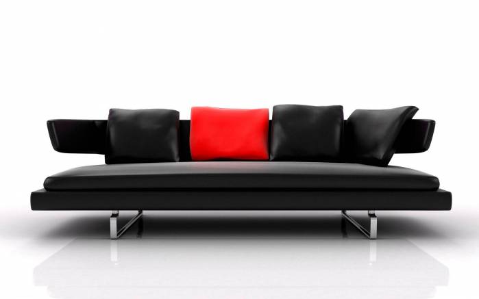 Широкоформатные обои Красно-черный диван, Черный диван с подушками