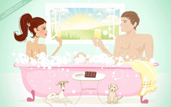 Широкоформатные обои Двое в ванне с пузырьками, Мужчина и женщина в ванне пьют шампанское