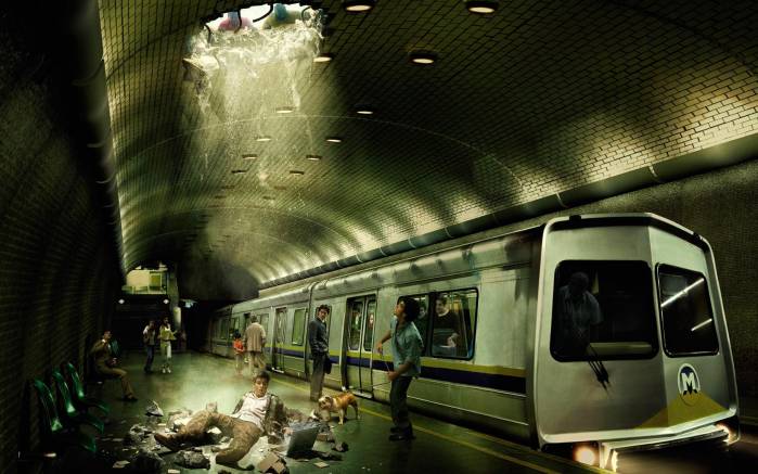 Широкоформатные обои Авария в метро, Авария электропоезда в метро