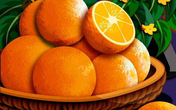 Широкоформатные обои Оранжевое удовольствие, Оранжевые апельсины в корзине