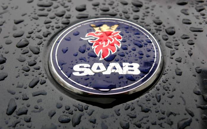 Широкоформатные обои Логотип Saab, Логотип Saab в капельках воды