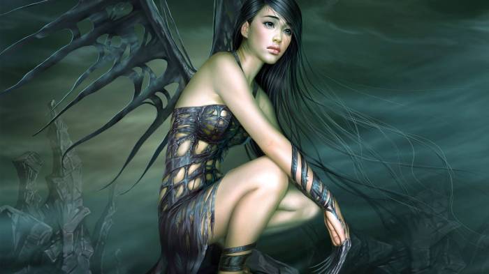 Широкоформатные обои Крылатая девушка, Девушка с демоническими крыльями