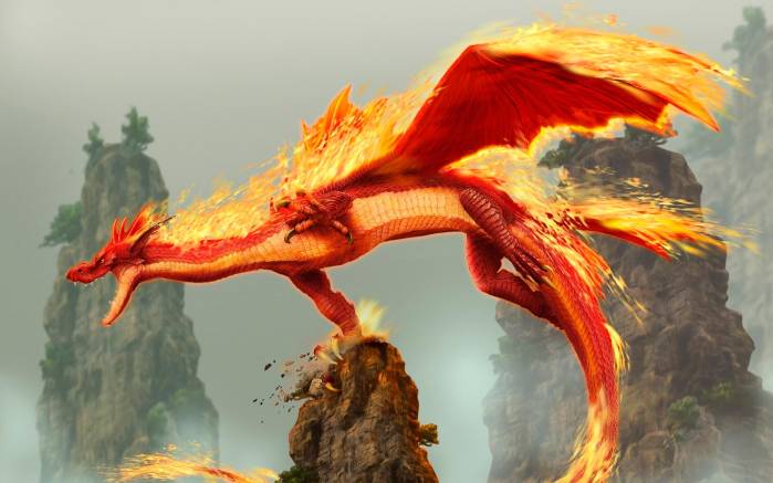 Широкоформатные обои Огненный дракон, Огненный дракон на скале