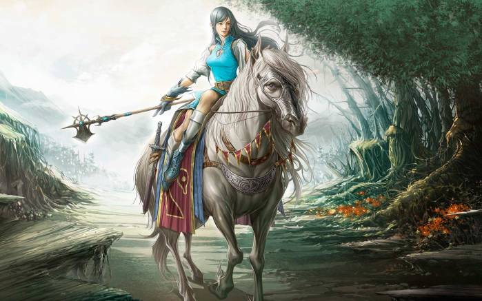 Широкоформатные обои Фентезийная девушка-наездница, Девушка верхом на лошади