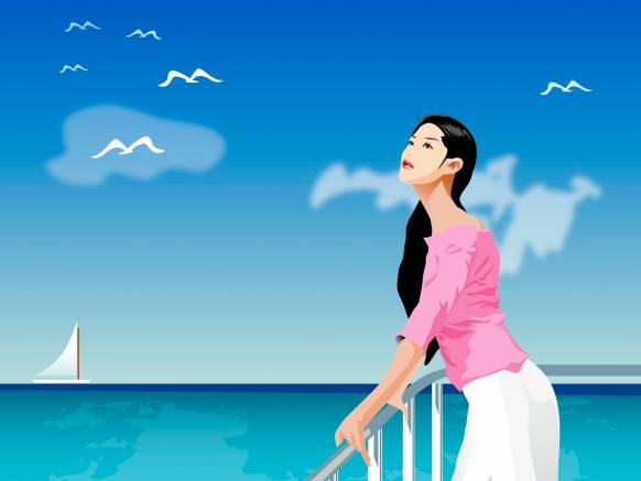 Широкоформатные обои Девушка смотрит на море, Рисованная девушка смотрит на море