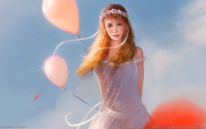 Широкоформатные обои Фентезийная девушка с шариками, Девушка с воздушными шарами