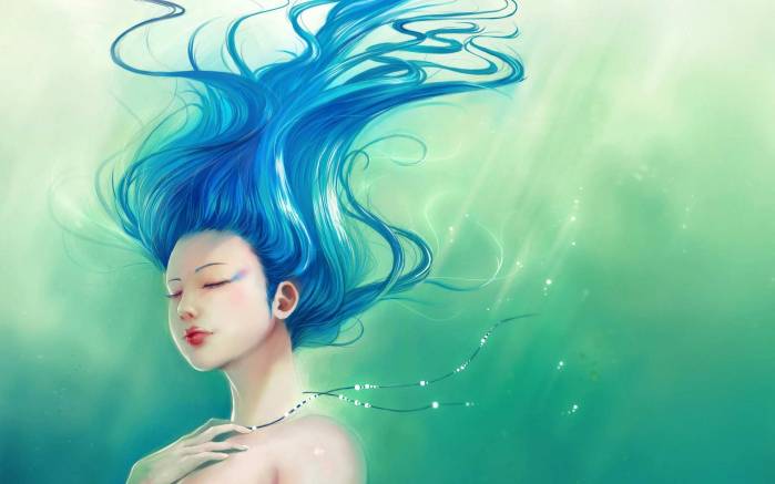 Широкоформатные обои Фентезийная девушка под водой, Девушка-сирена с голубыми волосами