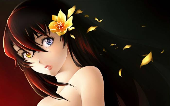 Широкоформатные обои Прекрасная девушка аниме, Девушка аниме с желтым цветком в волосах