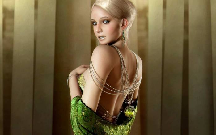 Широкоформатные обои Фентезийная девушка блондинка, Блондинка в зеленом платье
