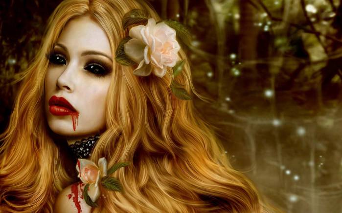 Широкоформатные обои Фентезийная девушка-вампир, Вампирша с цветами