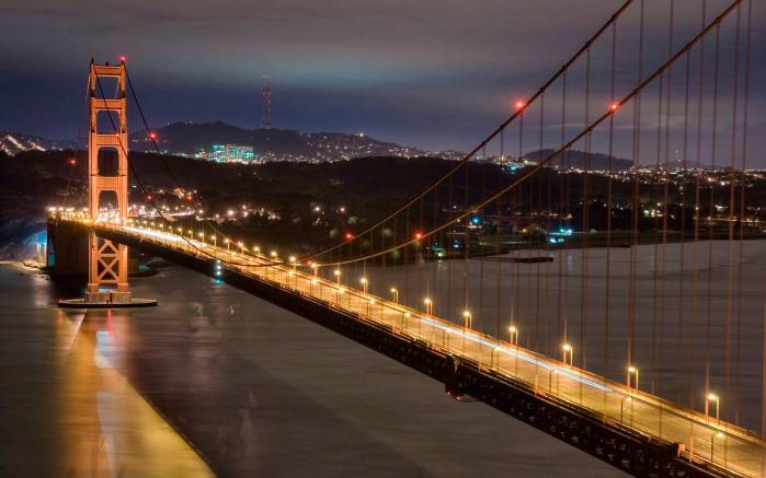 Широкоформатные обои Ночные огни моста, Ночные огни моста над рекой